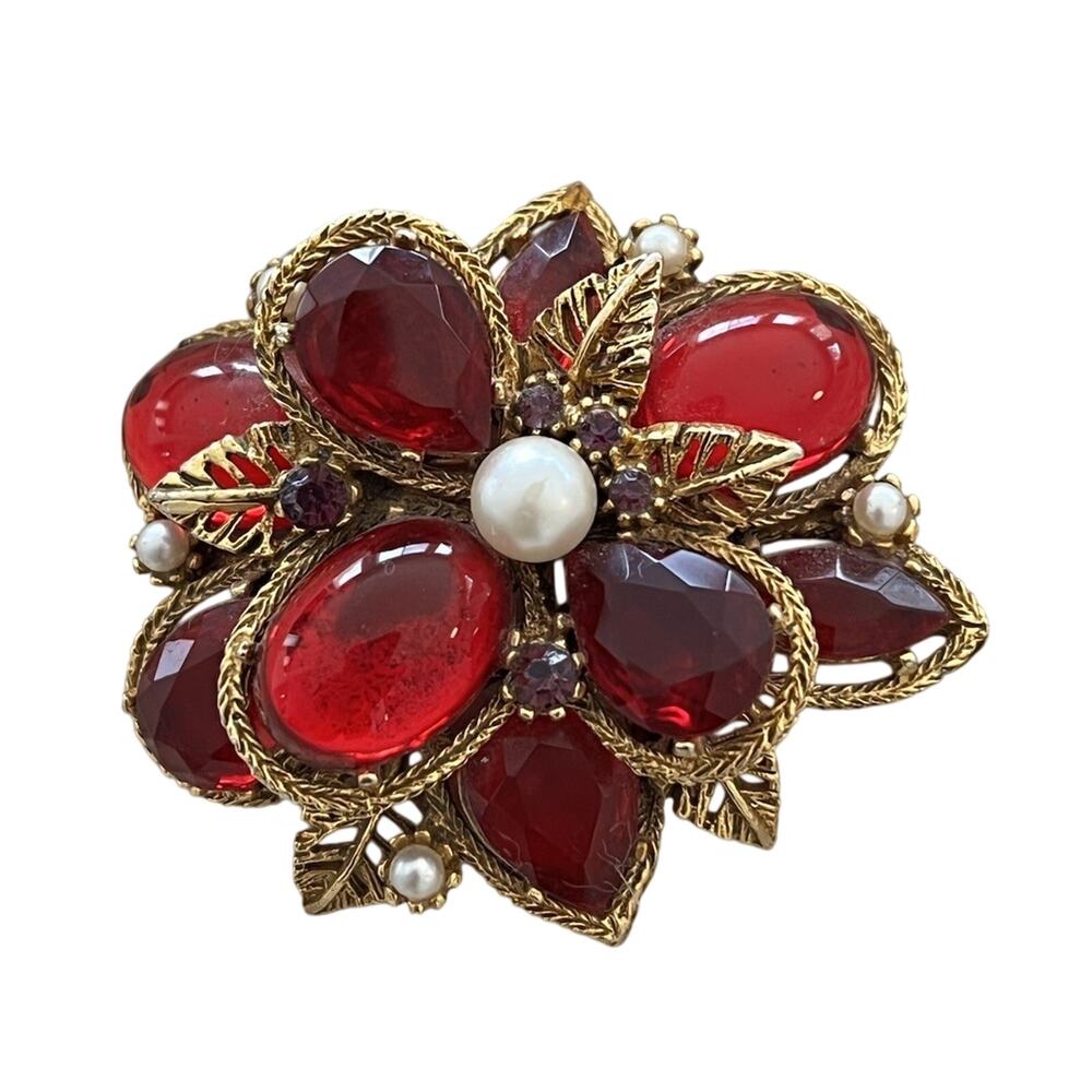 VTG ART Arthur Pepper Signed Red Glass Rhinestone Flower Faux Pearl Pin Brooch